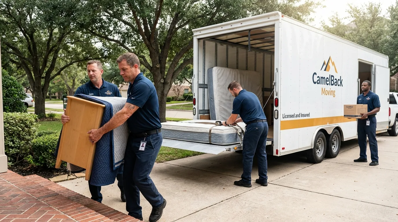 Crew loading residential truck for cross-state move from Ralls, TX