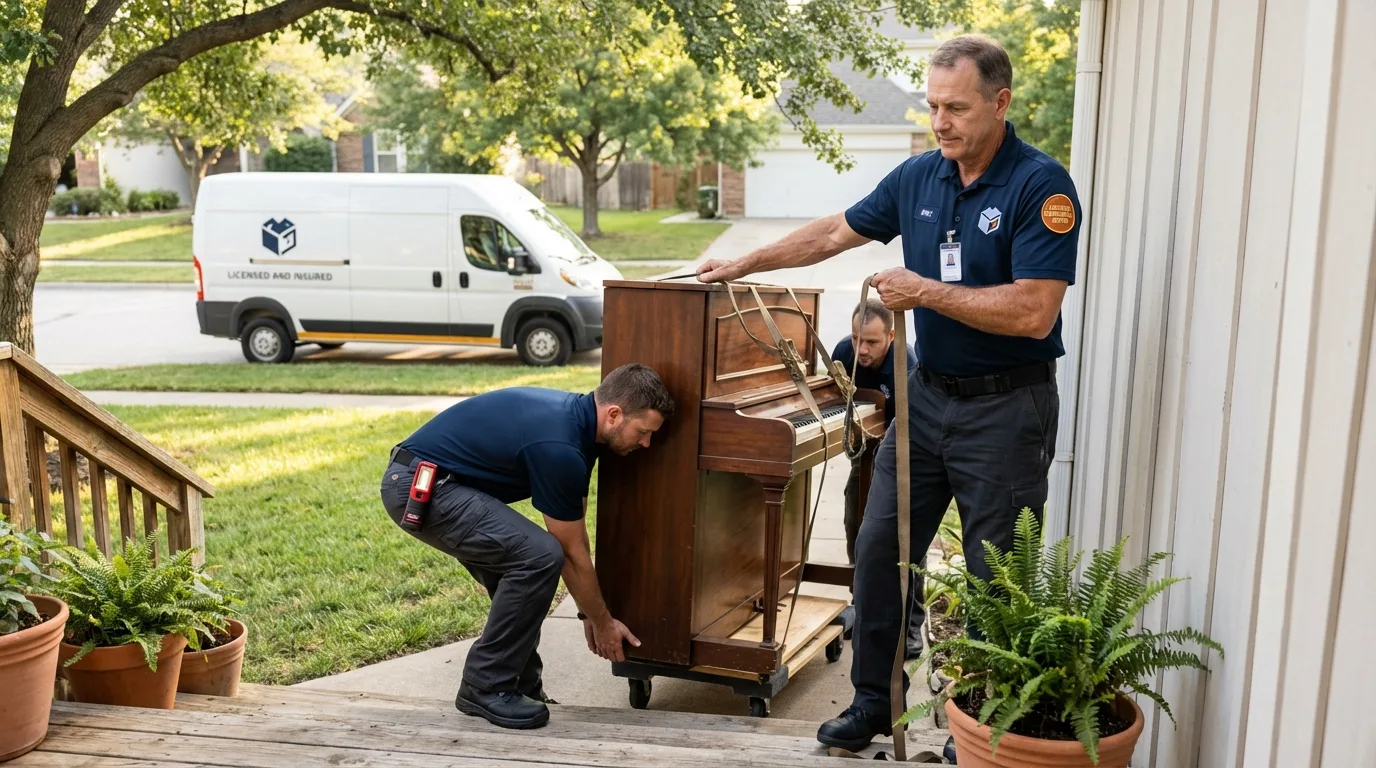 Licensed piano movers securing grand piano in Ralls, TX