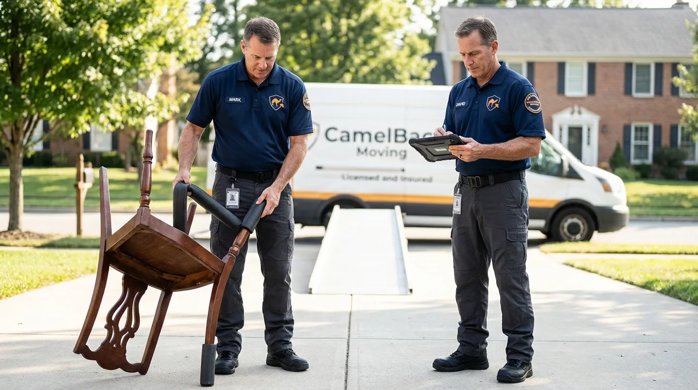 Movers inspecting furniture for damage prevention before loading in Ralls, TX