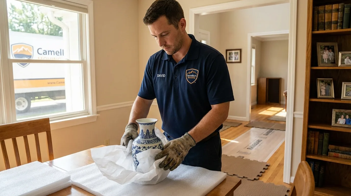 Professional crew carefully wrapping antique vase for senior downsizing move in Ralls, TX